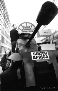 Anti-apartheid supporters drove a model tank